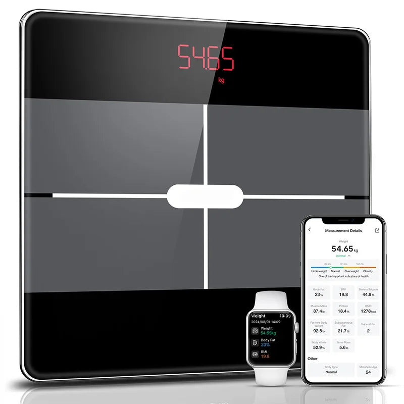 Balança de gordura corporal inteligente, sem fio, digital, para banheiro, analisador de composição corporal com aplicativo de smartphone, compatível com bluetooth