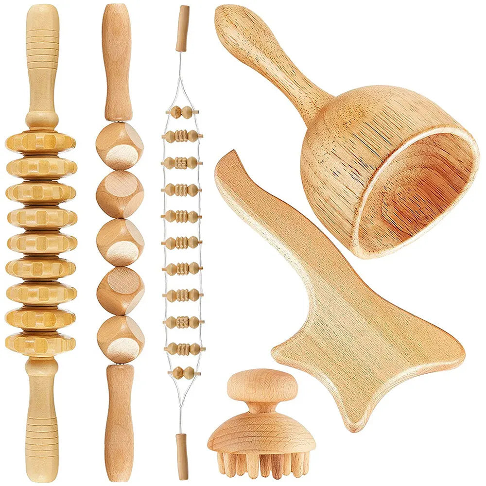 6 em 1 ferramenta de massagem de terapia de madeira massageador de drenagem linfática anti celulite fáscia rolo de massagem para relaxamento muscular de corpo inteiro